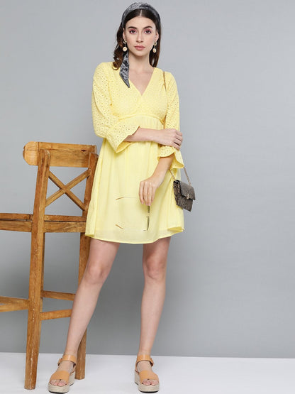 Women's Lemon Yellow Schiffli Shift Dress