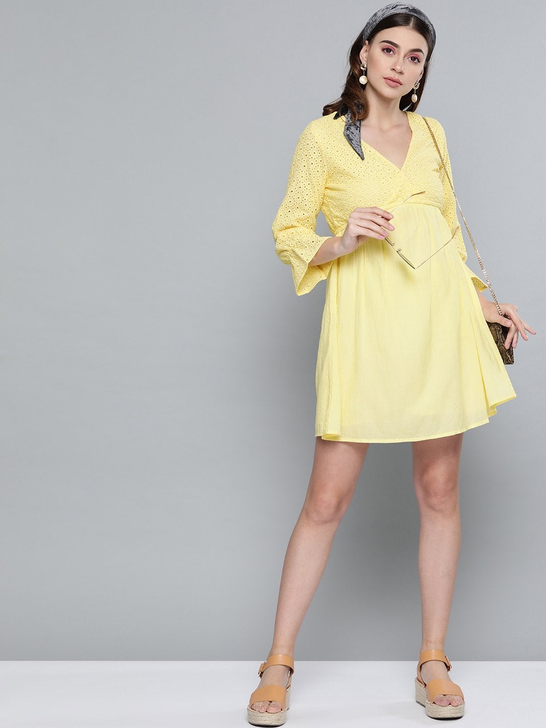 Women's Lemon Yellow Schiffli Shift Dress