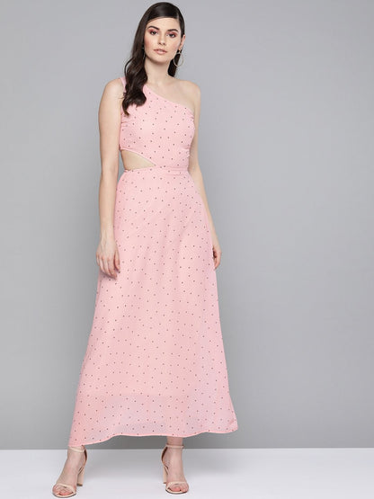 Women's Pink Polka Dot One Shoulder Maxi