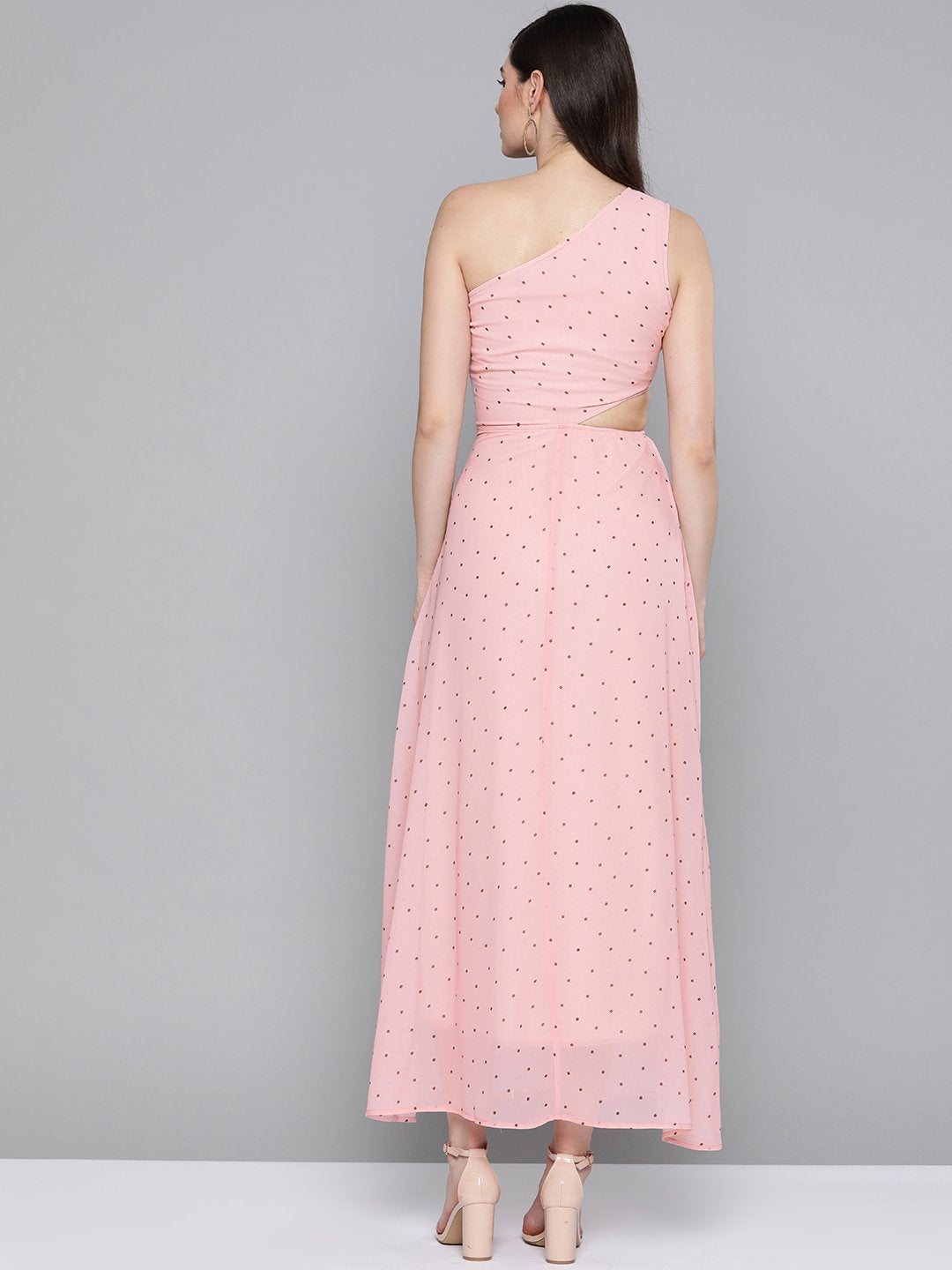 Women's Pink Polka Dot One Shoulder Maxi