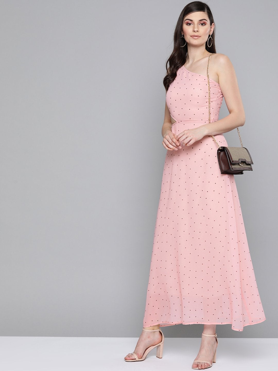 Women's Pink Polka Dot One Shoulder Maxi