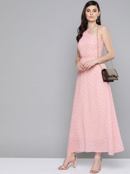 Women's Pink Polka Dot One Shoulder Maxi