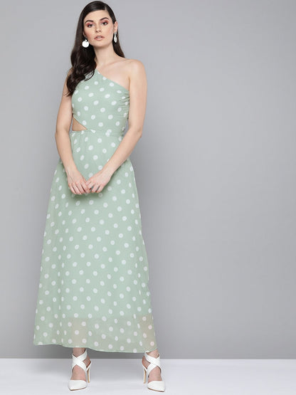 Women's Olive Polka Dot One Shoulder Maxi