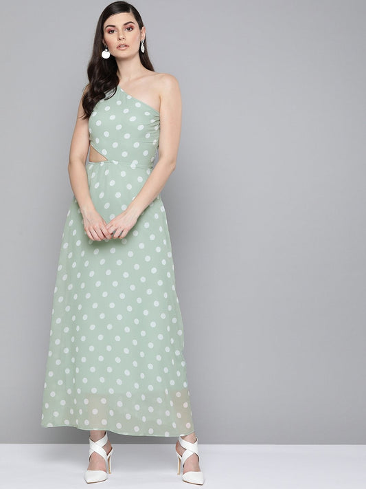Women's Olive Polka Dot One Shoulder Maxi