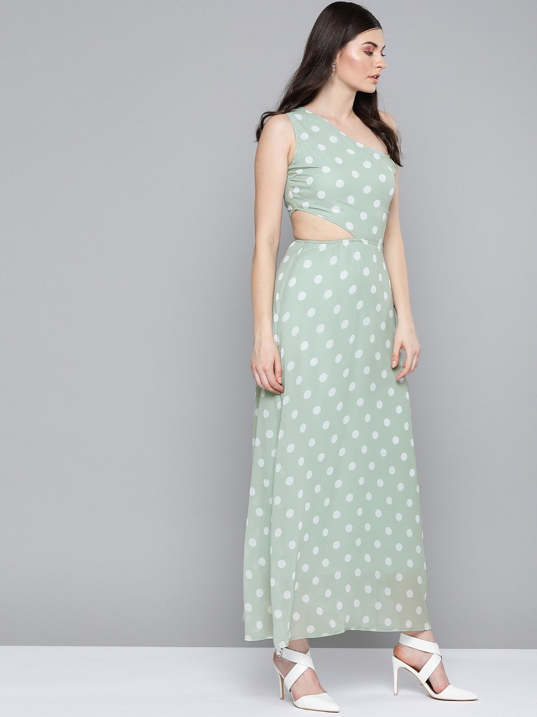 Women's Olive Polka Dot One Shoulder Maxi