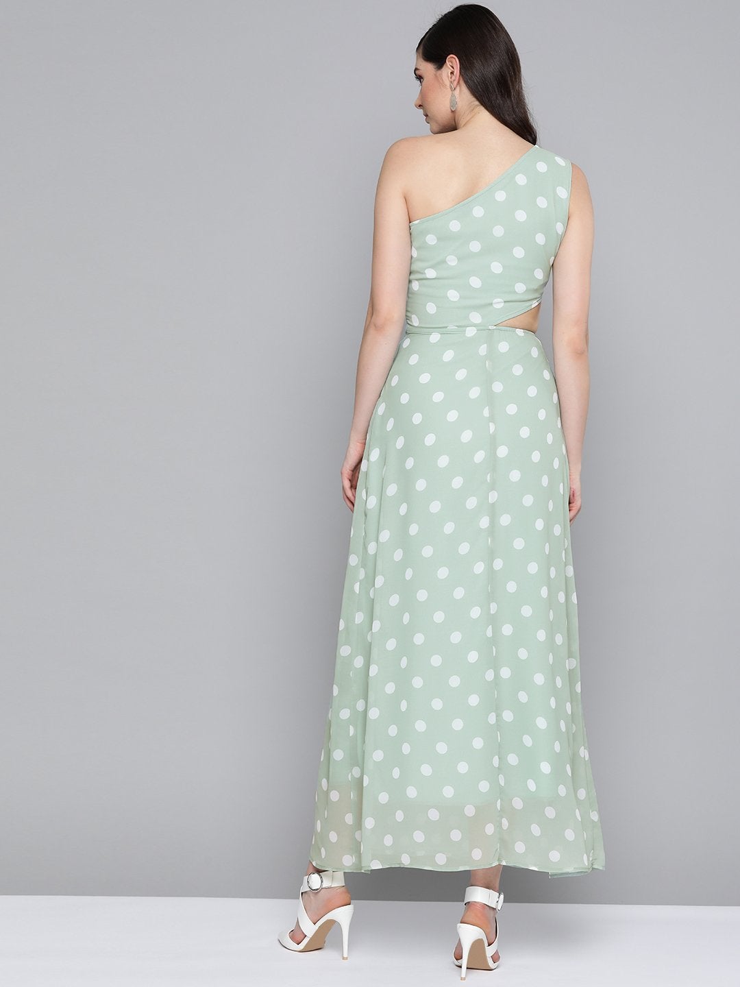 Women's Olive Polka Dot One Shoulder Maxi