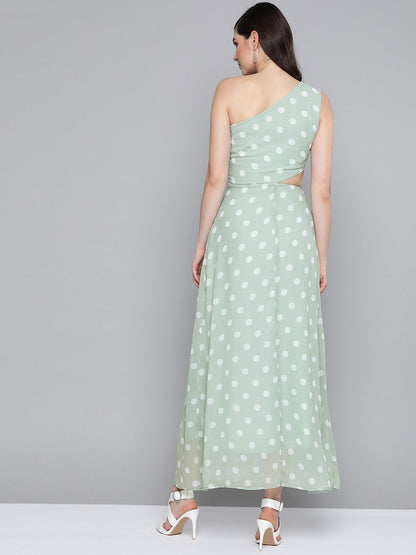 Women's Olive Polka Dot One Shoulder Maxi