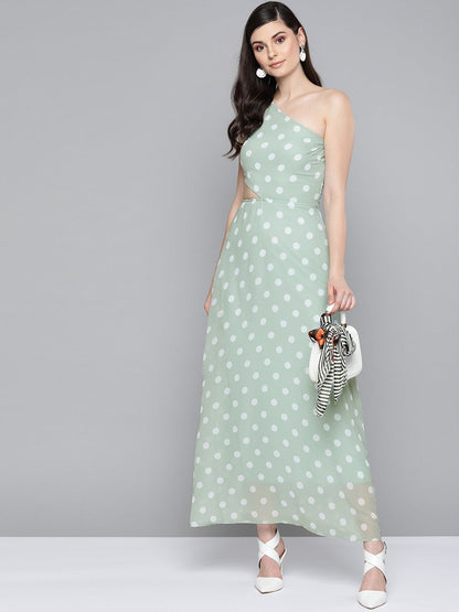 Women's Olive Polka Dot One Shoulder Maxi