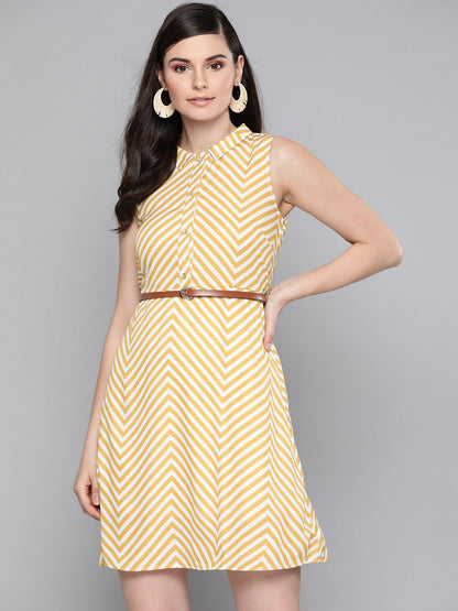 Women's Mustard Chevron A Line Belted Dress
