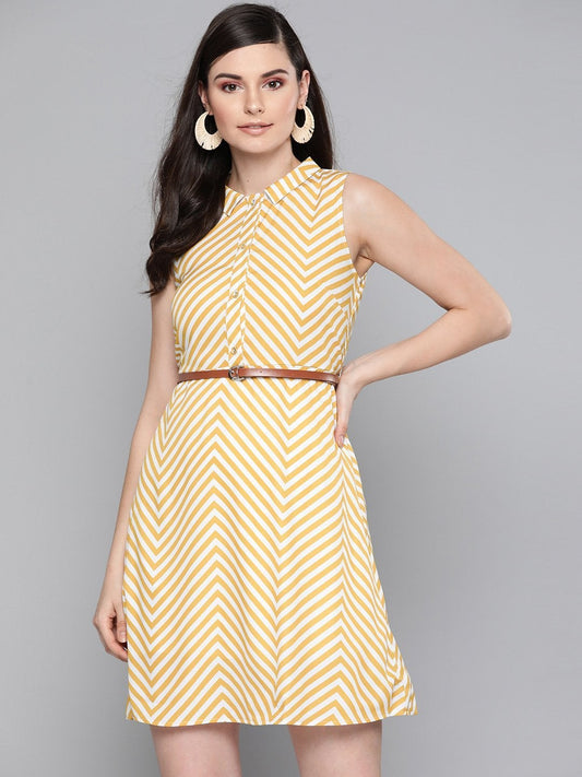 Women's Mustard Chevron A Line Belted Dress