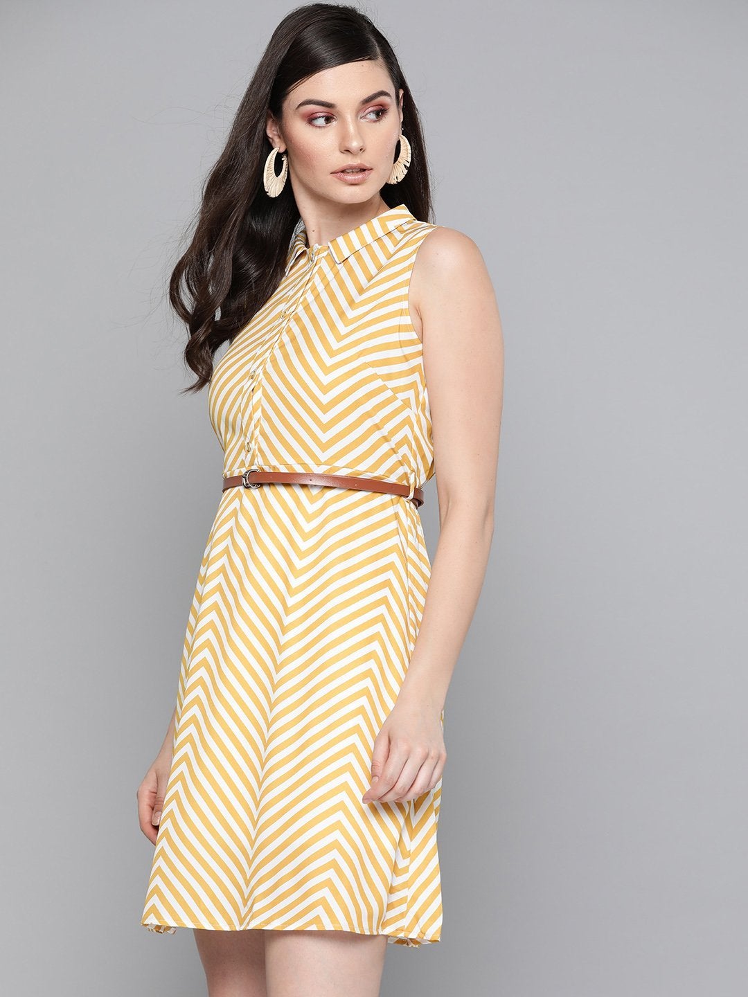 Women's Mustard Chevron A Line Belted Dress