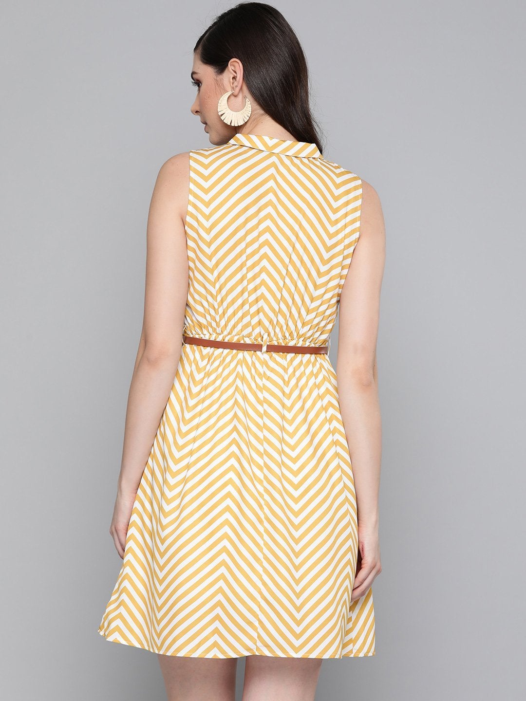 Women's Mustard Chevron A Line Belted Dress
