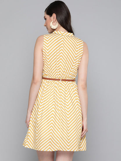 Women's Mustard Chevron A Line Belted Dress