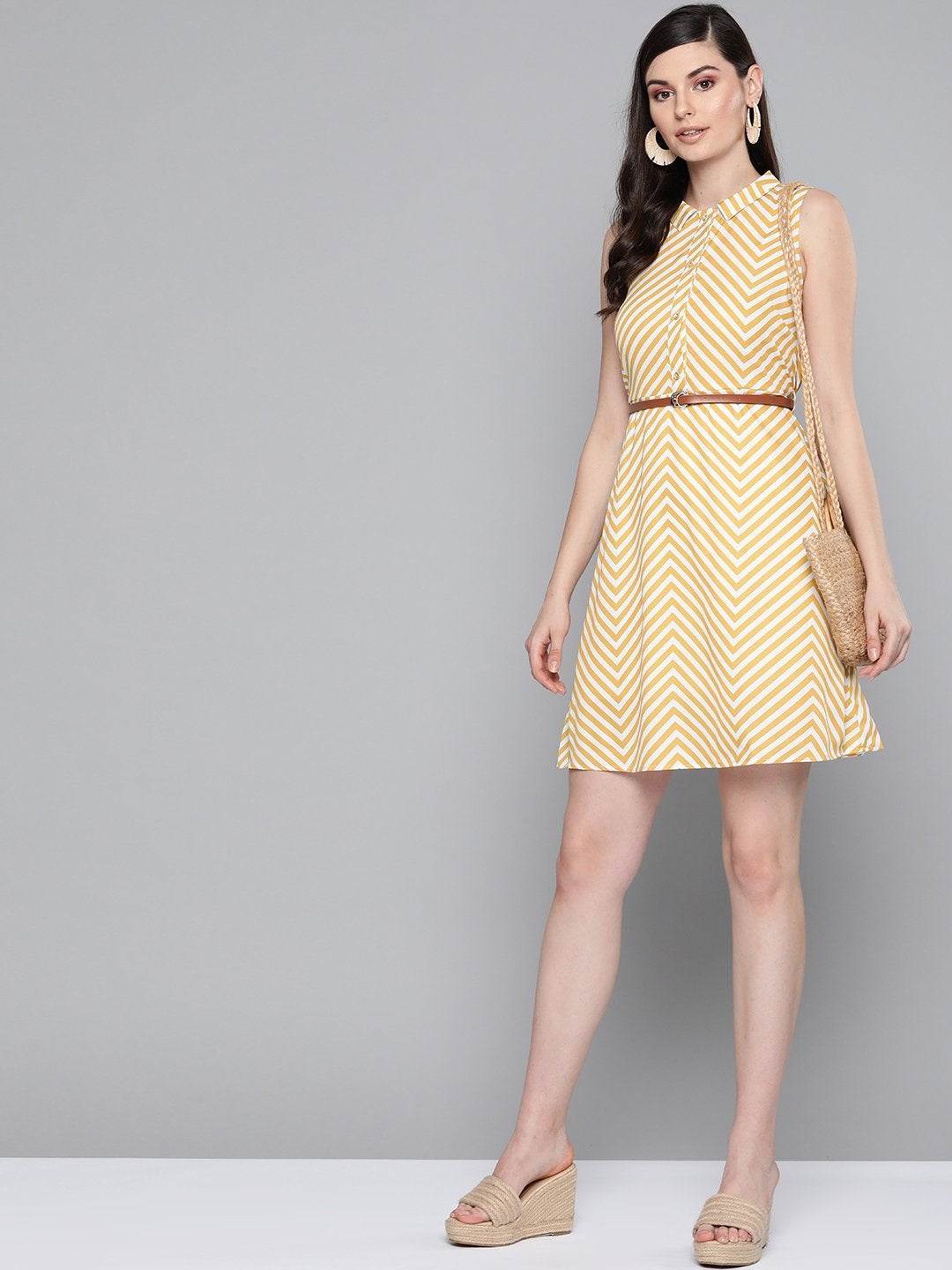 Women's Mustard Chevron A Line Belted Dress