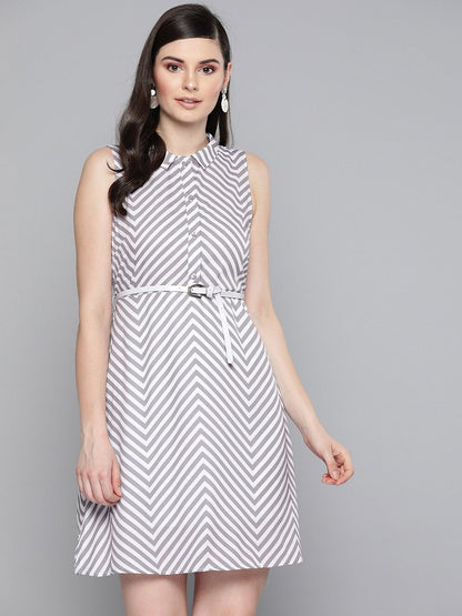 Women's Grey Chevron A Line Belteddress