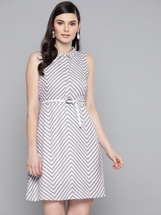 Women's Grey Chevron A Line Belteddress