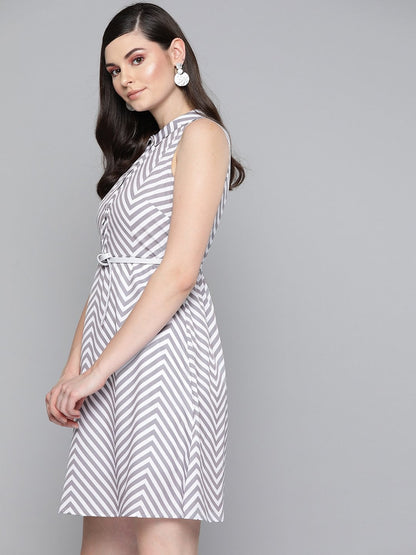 Women's Grey Chevron A Line Belteddress