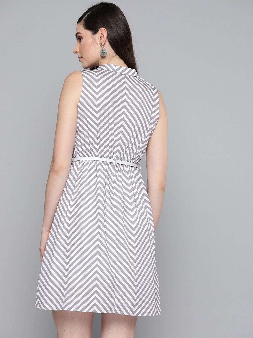 Women's Grey Chevron A Line Belteddress