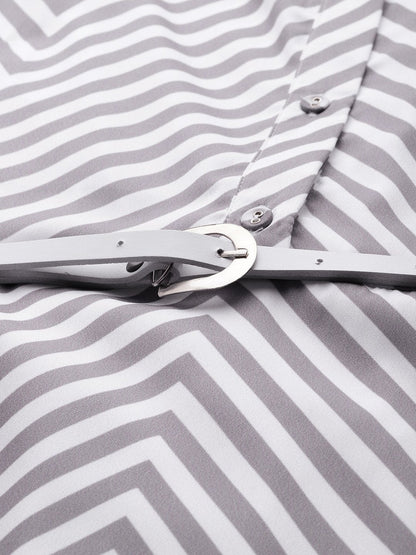 Women's Grey Chevron A Line Belteddress