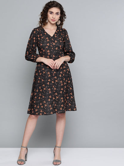 Women's Black Ditsy Floral Buttoned Midi Dress