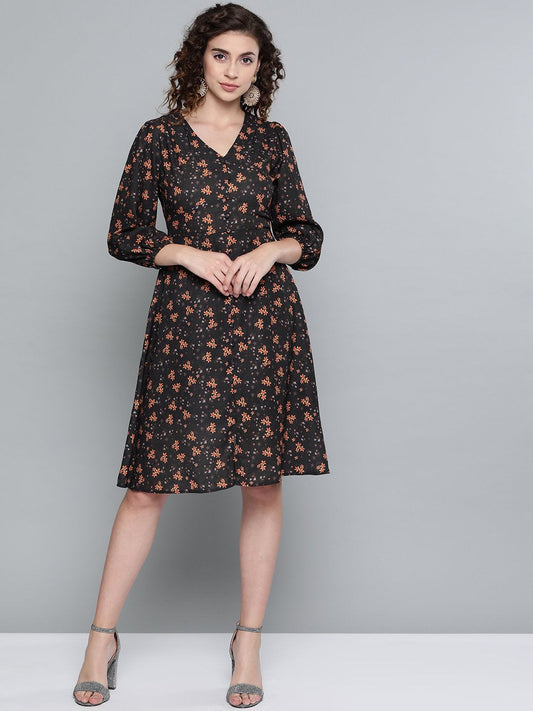 Women's Black Ditsy Floral Buttoned Midi Dress