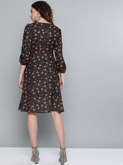 Women's Black Ditsy Floral Buttoned Midi Dress