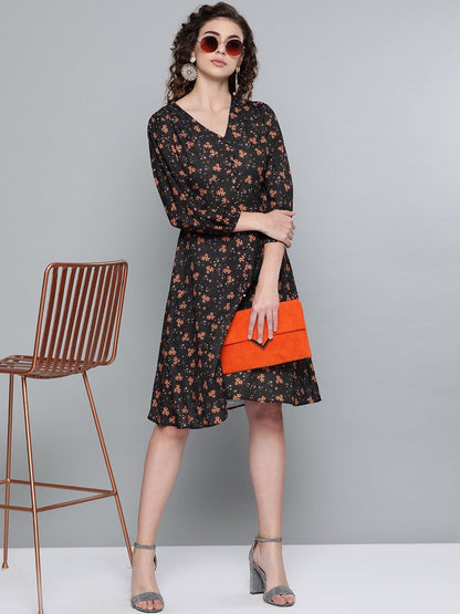 Women's Black Ditsy Floral Buttoned Midi Dress