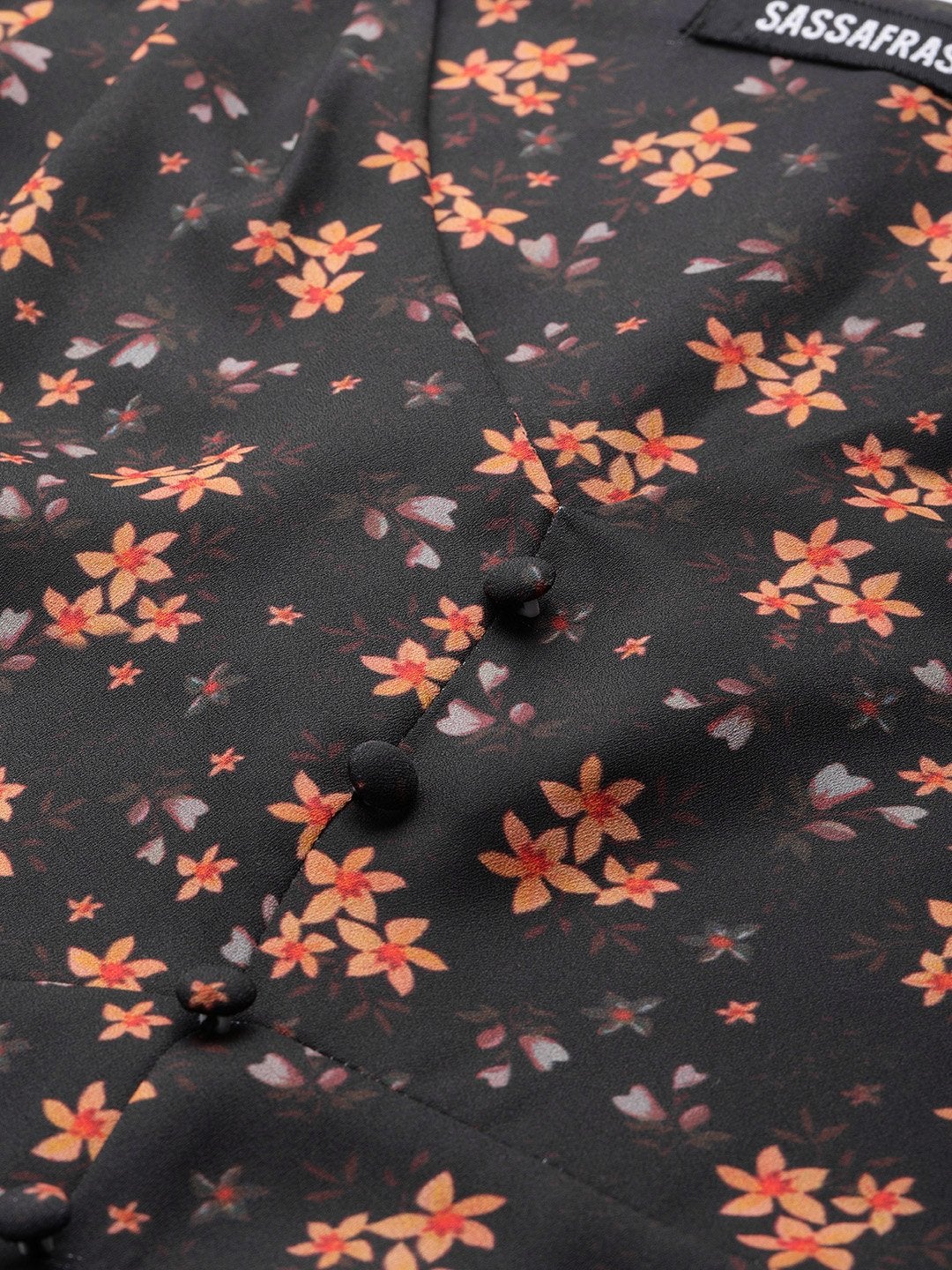 Women's Black Ditsy Floral Buttoned Midi Dress