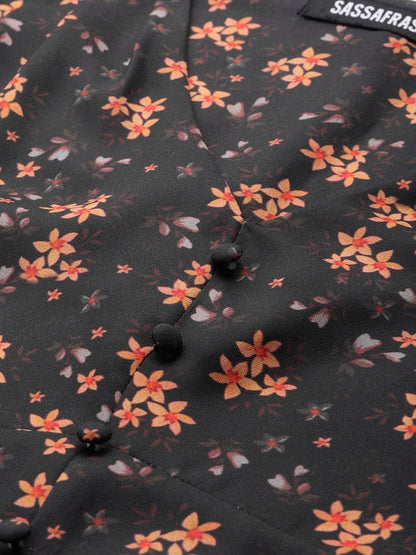 Women's Black Ditsy Floral Buttoned Midi Dress