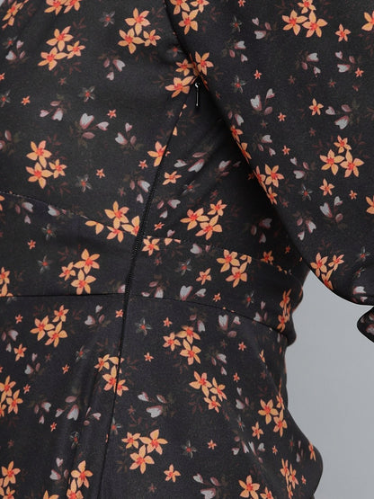 Women's Black Ditsy Floral Buttoned Midi Dress