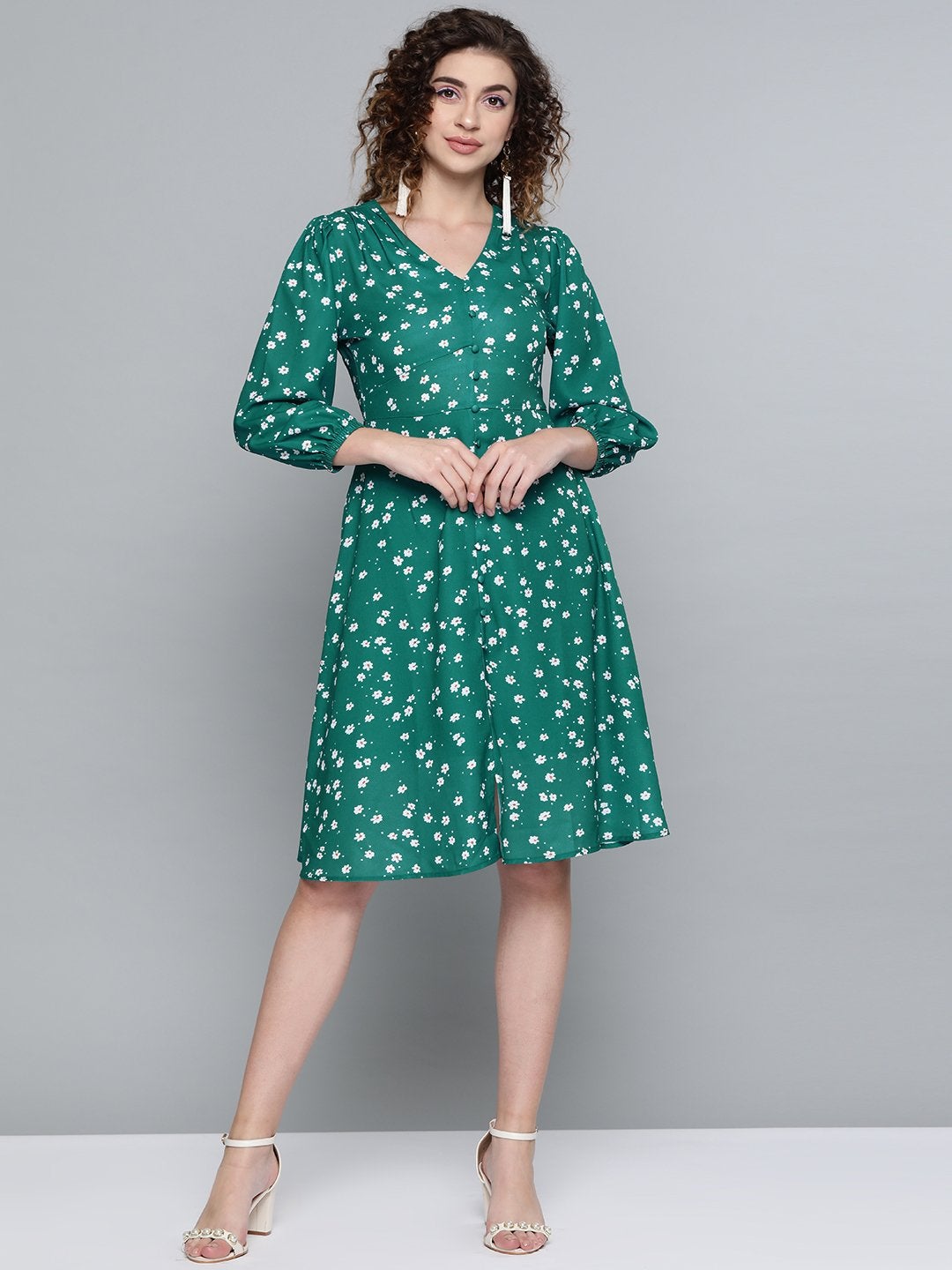 Women's Emerald Green Ditsy Floral Buttoned Midi Dress