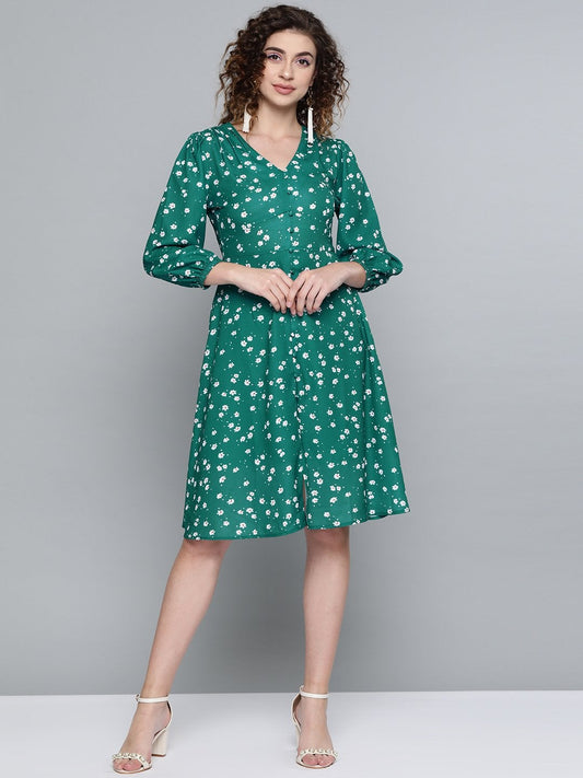 Women's Emerald Green Ditsy Floral Buttoned Midi Dress