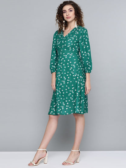 Women's Emerald Green Ditsy Floral Buttoned Midi Dress