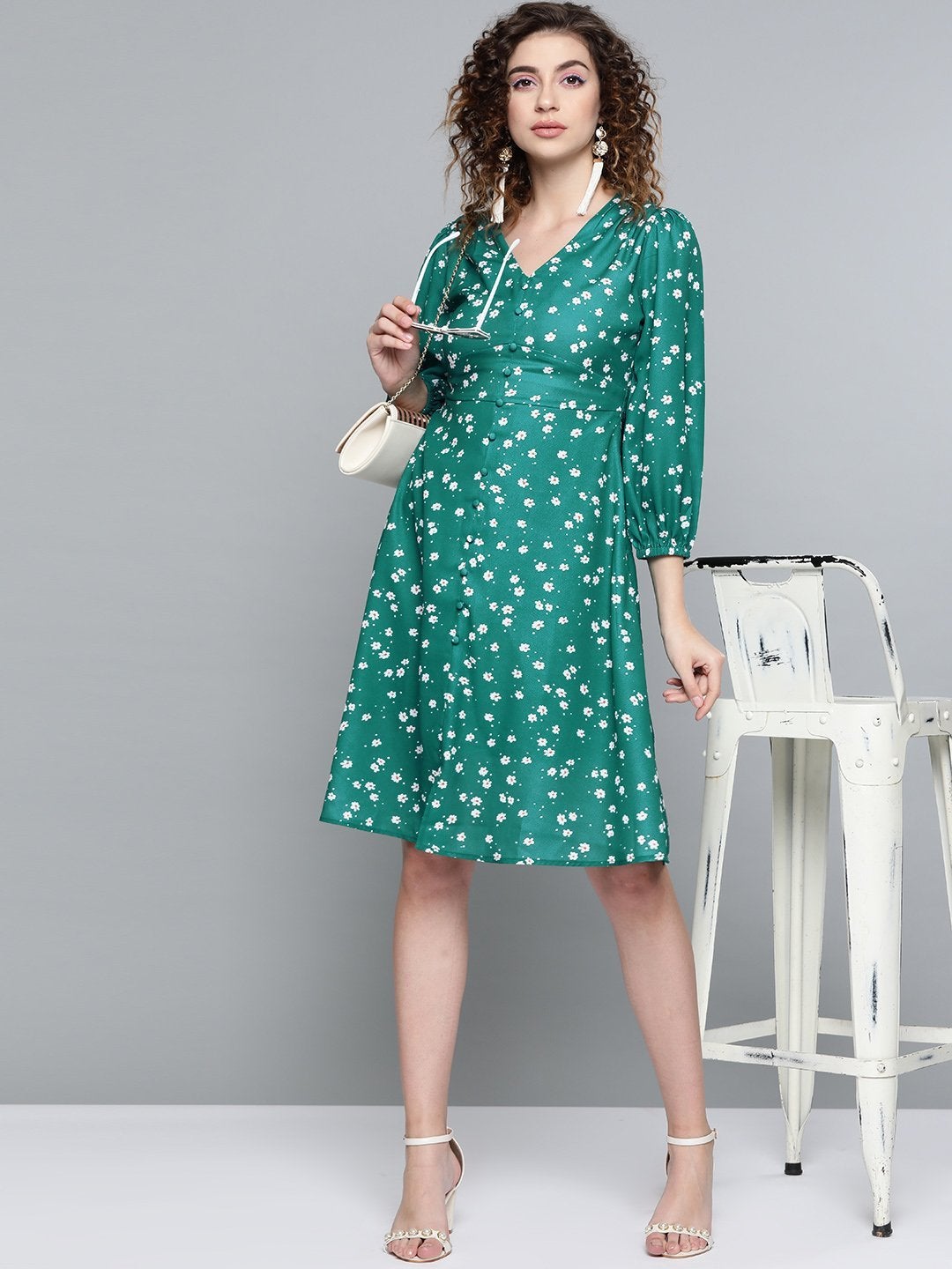 Women's Emerald Green Ditsy Floral Buttoned Midi Dress
