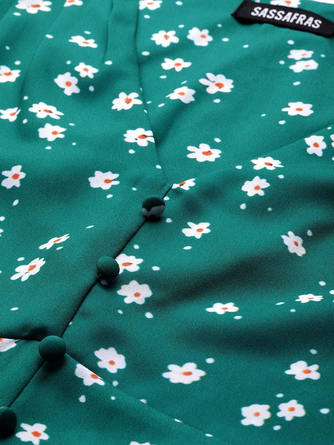 Women's Emerald Green Ditsy Floral Buttoned Midi Dress