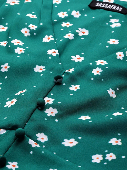 Women's Emerald Green Ditsy Floral Buttoned Midi Dress
