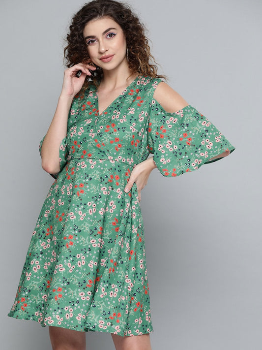 Women's Green Ditsy Floral Cold Shoulder Short Dress