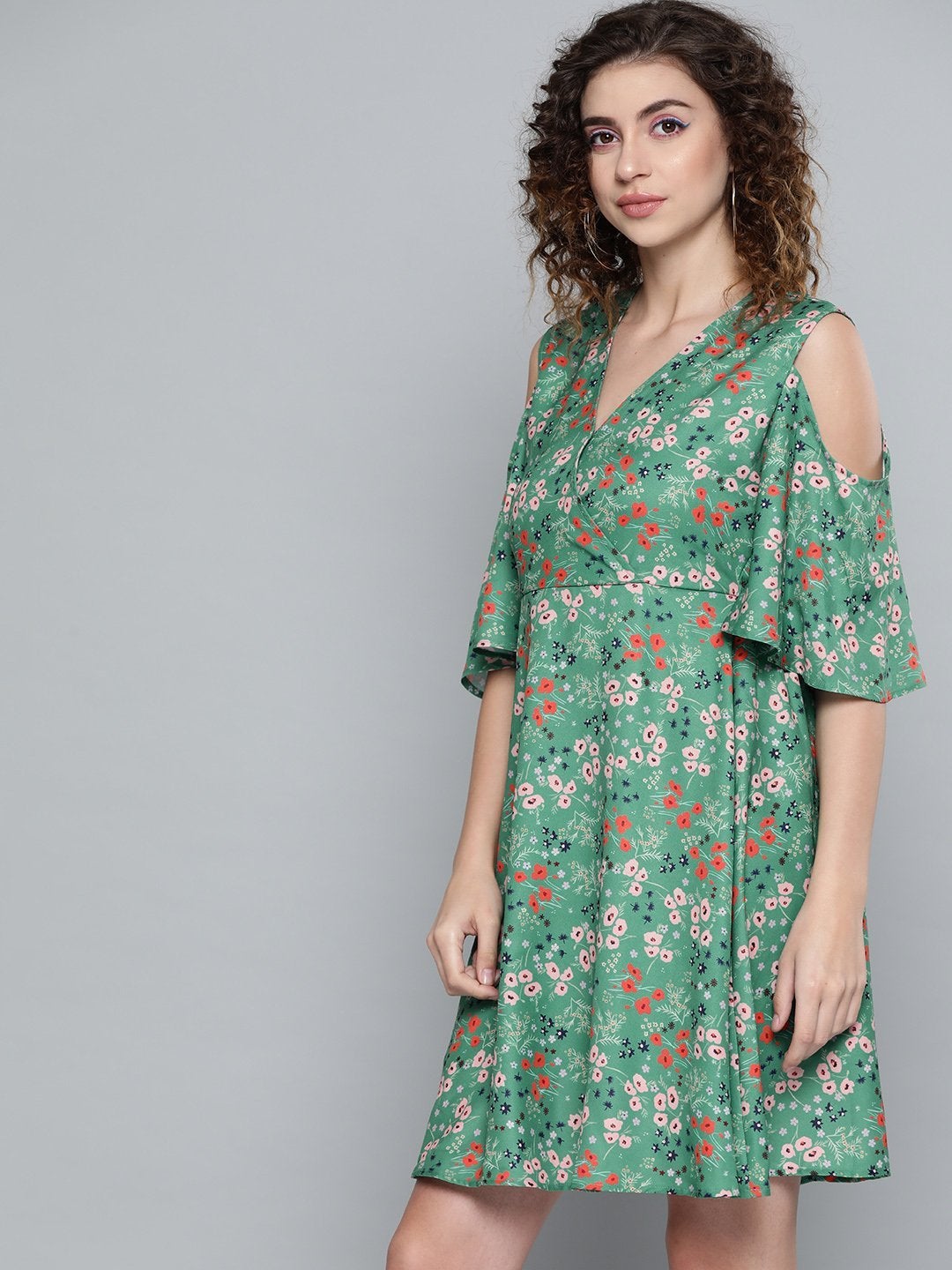 Women's Green Ditsy Floral Cold Shoulder Short Dress