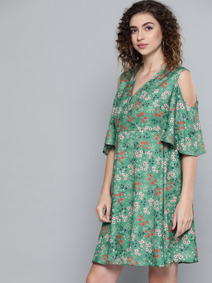 Women's Green Ditsy Floral Cold Shoulder Short Dress