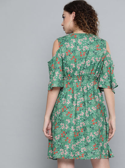 Women's Green Ditsy Floral Cold Shoulder Short Dress
