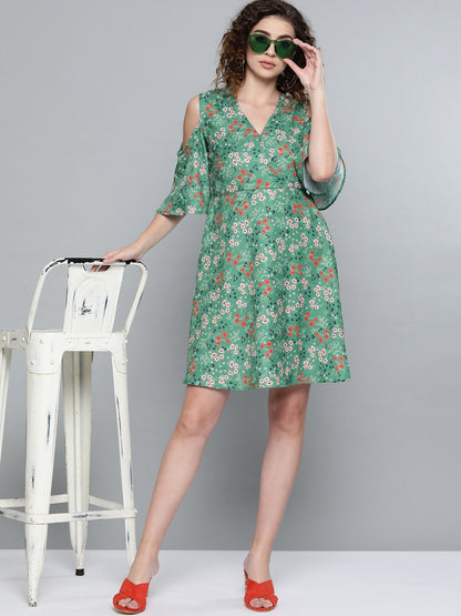 Women's Green Ditsy Floral Cold Shoulder Short Dress