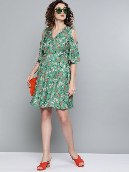 Women's Green Ditsy Floral Cold Shoulder Short Dress