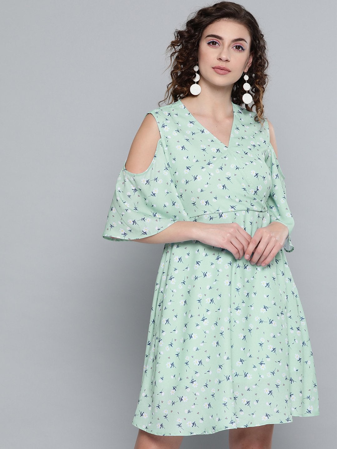 Women's Sea Green Ditsy Floral Cold Shoulder Short Dress