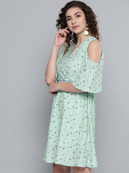 Women's Sea Green Ditsy Floral Cold Shoulder Short Dress