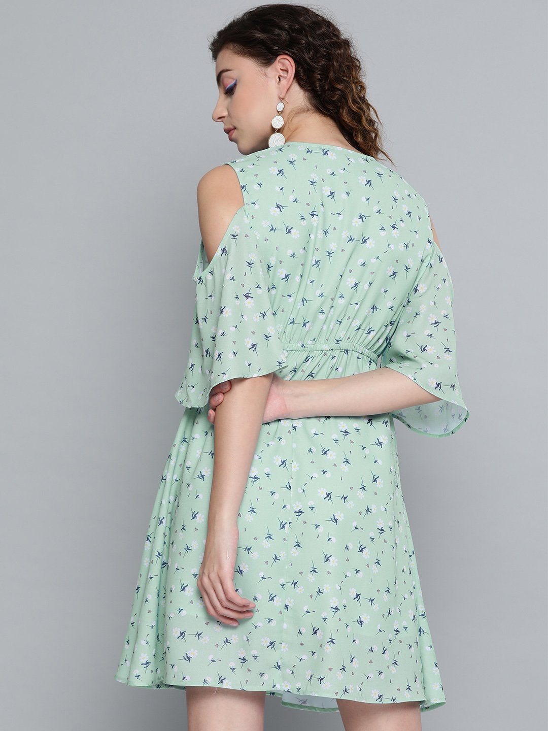 Women's Sea Green Ditsy Floral Cold Shoulder Short Dress