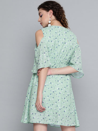 Women's Sea Green Ditsy Floral Cold Shoulder Short Dress