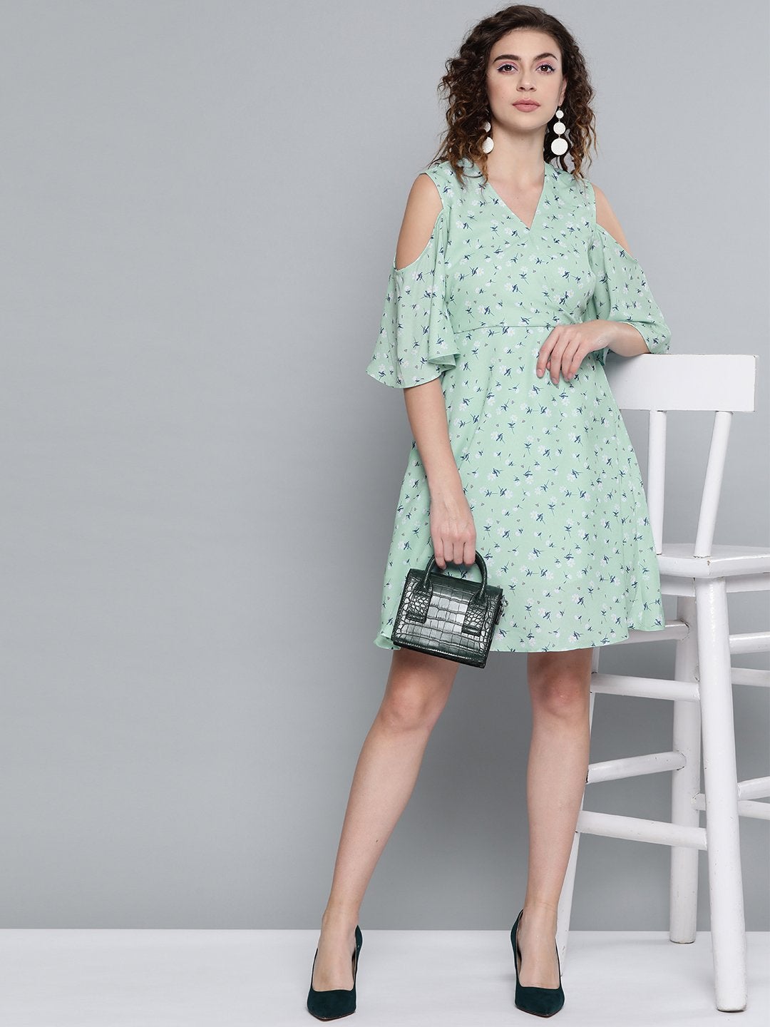 Women's Sea Green Ditsy Floral Cold Shoulder Short Dress