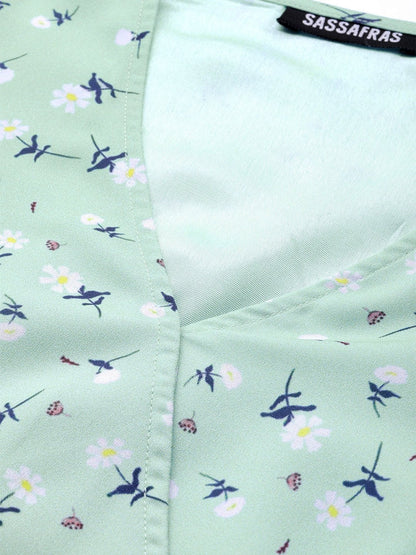 Women's Sea Green Ditsy Floral Cold Shoulder Short Dress