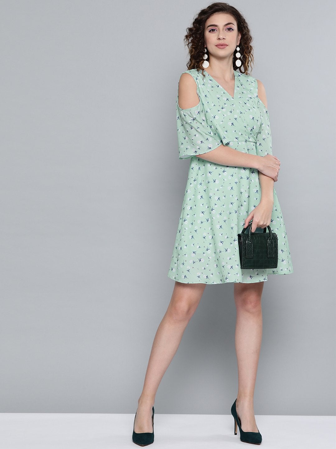 Women's Sea Green Ditsy Floral Cold Shoulder Short Dress