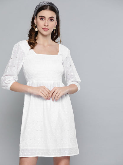 Women's White Schiffli Smocking Skater Dress